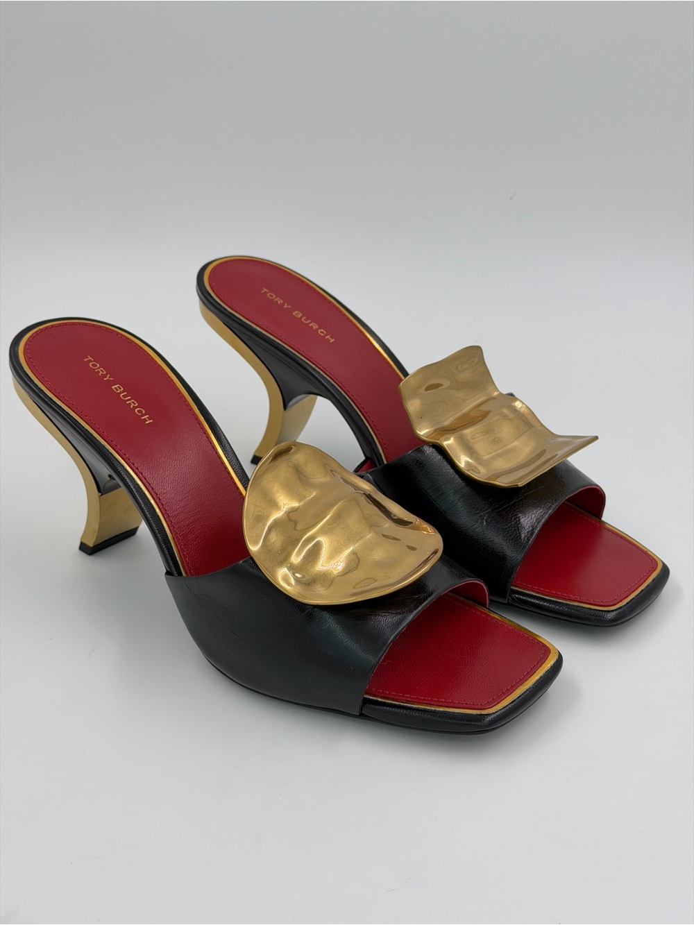 Tory Burch Patos Mismatch Heel Sandals – Black/Red/Gold – Size 8 – New in Box